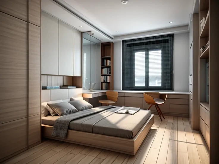 Raw photo bedroom , wooden floor, wooden bed, UE5 render 8K, bedroom interior, ultra masterpiece, (daylight1.5)authentic, dslr, soft lighting, high quality, realistic photography, super high resolution, best qulity, film grain, Fujifilm XT