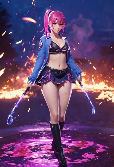 1girl,bikini jeans, ponytail ,pink hair, purple eyes, magic circle, blue flames, wallpaper, landscape, blood, blood splatter, depth of field, night, light particles, light rays, sidelighting, thighs, fate (series), genshin impact, ****, open jacket, skirt,...