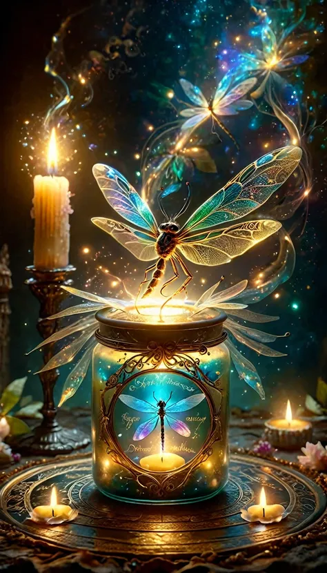 Made by AIS-RCN, 8k photo, "words, Like a dragonfly with wings of iridescent flame, Popping out of an antique candle, Turn thoughts into delicate works of art.", Supple, Side light, Dragonflies have two wings, one on each side、Fantastic riverside