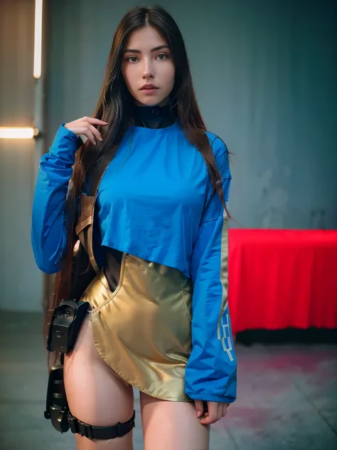 masterpiece , a girl , red very long hair , blue eyes ,  gradient , perfect figure , ( techwear:1.2) , cyberpunk , future , moderne , in cyberpunk city, lite smile , detailed face ,, , (8k,  best quality 1.2),  ultra-detailed, 8k uhd,, soft lighting, high ...