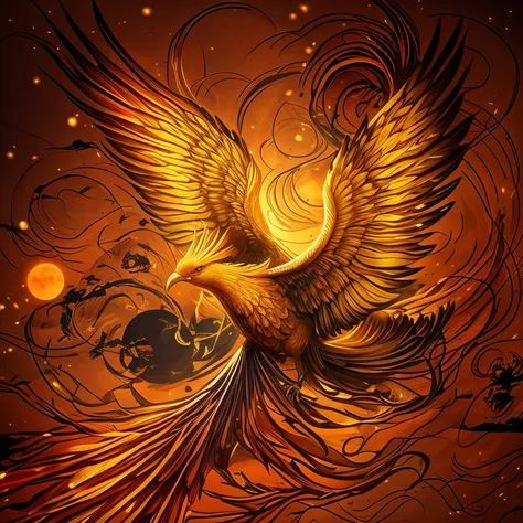 Close-up of a flying bird on a golden background, phoenix artwork, Phoenix Rise, Solarpunk Phoenix, &#39;&#39;Phoenix Wallpapers, with fiery Golden Wings, Phoenix Rise from the ashes, Golden Wings, with fiery Golden Wings of flame, Golden Feather, phoenix ...