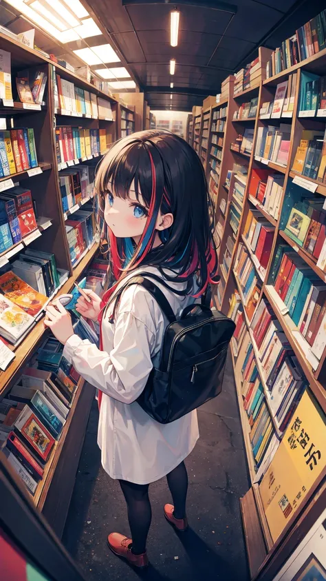 (masterpiece, best quality), (colorful:1.4), from above, solo, 1girl standing in a bookstore with lots of books on the shelves and a bag of novels, depth of field, fisheye lens