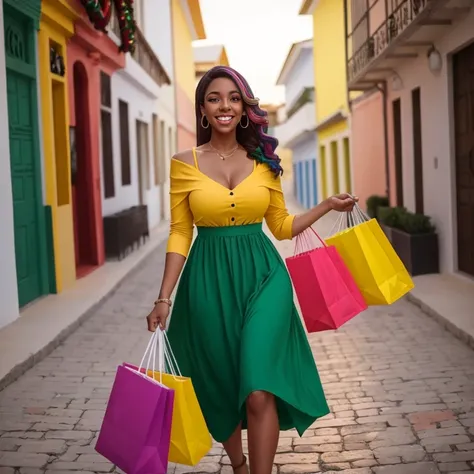 4k, melhor qualidade, obra-prima, uma mulher com um vestido colorido carregando sacolas de compras pela rua, saindo da loja, mulher fofa, modelo de moda feliz, senhora usando vestido amarelo, vestido com roupas longas e fluentes, roupas coloridas, Linda mu...