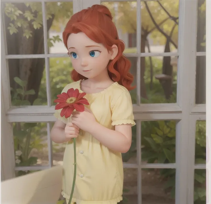 there is a  holding a flower in front of a window, cute young redhead girl, wavy hair yellow theme, photo shoot, cute young girl, portrait image, official product photo, red haired girl, portrait of a red haired girl, katelynn mini cute style, color studio...