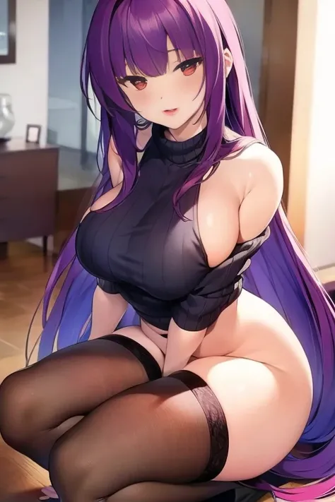 Purple hair, long hair, red eyes, beautiful and well-shaped face, big breasts, firm body, big butt, thick thighs, wide open thighs, crouching, vertical gray vertical sweater, purple pants, (Lower body naked), 