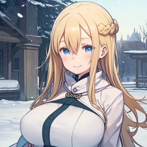 masterpiece, highest quality、Medium wide shot、(mint, blue eyes, braid、Long blonde、Hair between the eyes)、Big Breasts、Huge breasts、winter、Snow Scene、Silver World、winterの服装、coat、Scarf、White Breath、Watching the audience、Smiling、green clothes、outside、屋outside、