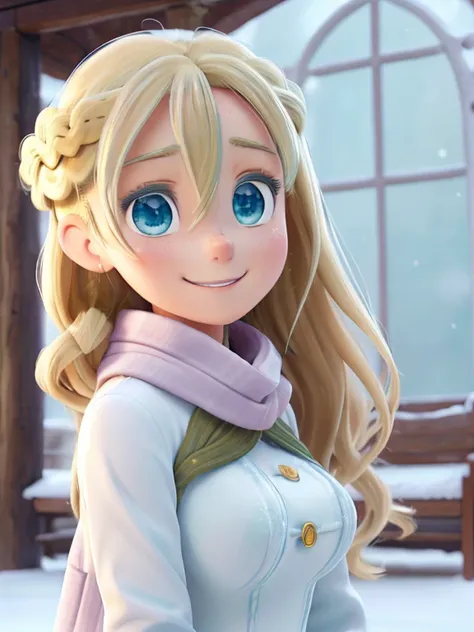 masterpiece, highest quality、Medium wide shot、(mint, blue eyes, braid、Long blonde、Hair between the eyes)、Big Breasts、Huge breasts、winter、Snow Scene、Silver World、winterの服装、coat、Scarf、White Breath、Watching the audience、Smiling、green clothes、outside、屋outside、...