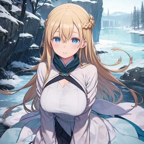 masterpiece, highest quality、Medium wide shot、Cowboy Shot、(mint, blue eyes, braid、Long blonde、Hair between the eyes)、Big Breasts、Huge breasts、winter、Snow Scene、Silver World、winterの服装、coat、Scarf、White Breath、Watching the audience、laughing、green clothes、outs...