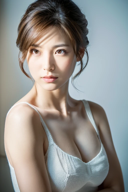 (Highly realistic photos, High resolution, Detailed face, Beautiful Eyes), Photographed in front of a white wall、Japanese women, 40 years old, point at viewer,Serious expression, alone:1, , ((ponytail、Updo, short hair)), White skin, light makeup, Chest 40 ...