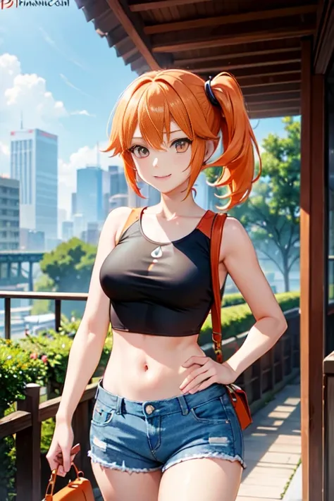 professional anime, anime :pokemon, anime style: OLM.Inc., Masterpiece, best quality, high resolution, 1 woman only, Fog (pokemon), orange hair, alone, shorts, strap, side ponytail, orange hair, abdomen, yellow crop top, navel, short hair, Denim, jean shor...