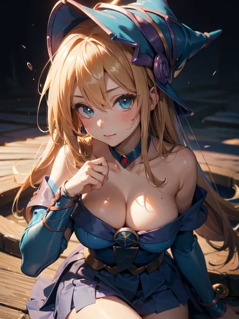 master piece,best quality,ultra detailed,8k,
ambient light,realistic skin,glossy skin,break、
（dark magician girl, duel monster, blush stickers, blonde hair, green eyes, long hair, breasts, blush, bangs, large breasts, hair between eyes, pentacle, pentagram...