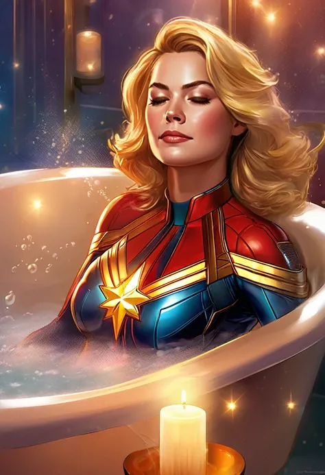 Captain Marvel, bubble bath, relaxing, uniform, draped, chair, detailed eyes, detailed lips, girl, bath foam, soothing music, candles, luxurious, sparkling water, steam, comfort, soft towel, peaceful atmosphere, superhero, tired, relaxation, calm, rejuvena...