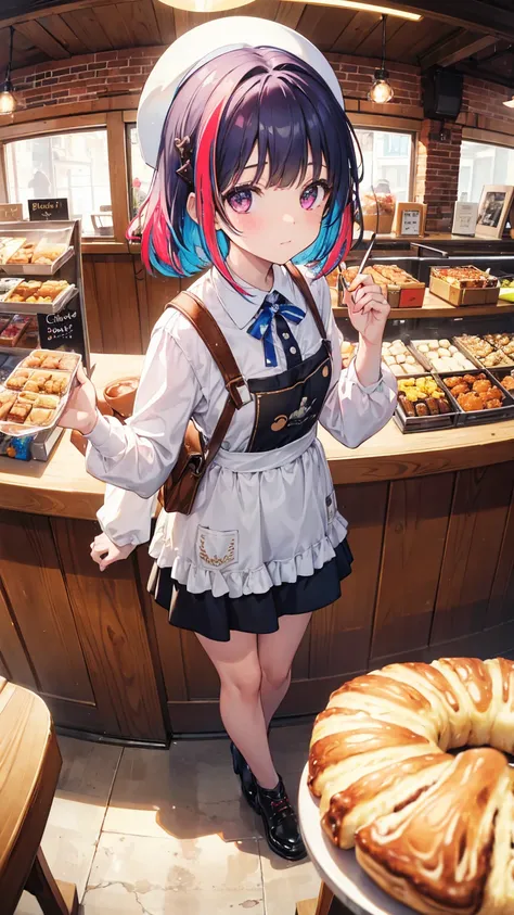 (masterpiece, best quality), (colorful:1.4), from above, solo, 1girl standing in a cafe with lots of pastries on the counter and a bag of coffee beans, depth of field, fisheye lens