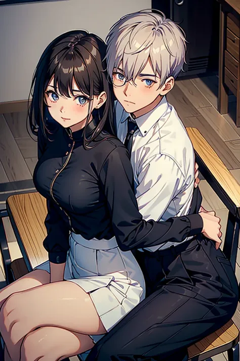 Male and female couples　Girl sitting on a chair wearing a tight skirt over a blouse。Boys hugging each other from behind。Boy in high school long pants uniform with mash cut hairstyle。Without glasses