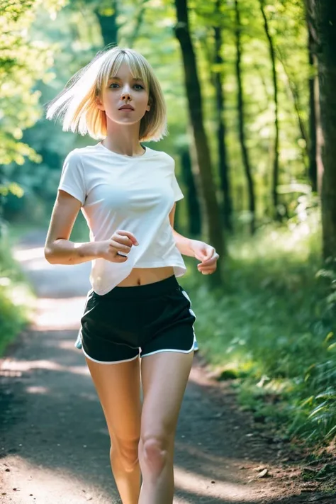 playful woman, blonde hair, long bob ,in mini running shorts and a white t-shirt while jogging in the forest , stockings, beauti...