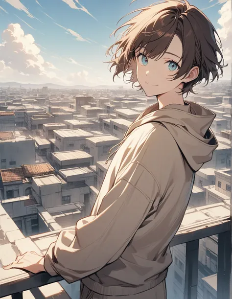 1 guy, looking at the viewer, aquamarine eyes, brown hair, short hair with bangs, upper body, standing on the roof of a building, high, day, beautiful sky, clouds wind, wearing a beige hoodie and beige pants, smile, gentle tones,