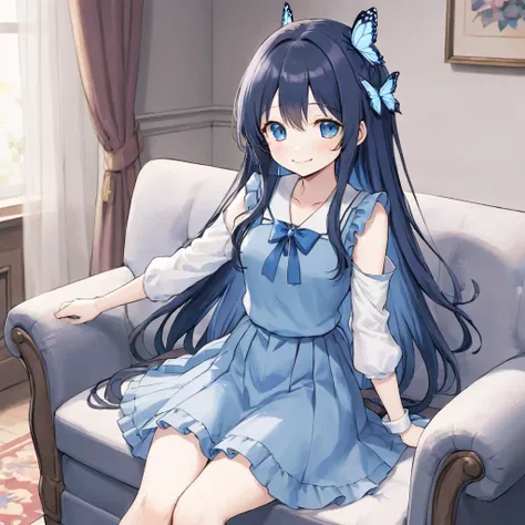 Anime ai is a short, cute,who has long hair down to her bottom and doesnt tie it, her hair is dark blue, she wears a blue dress with a little white on her clothes, her clothes and skirt are bright,Thin,Wearing a blue butterfly hair clip. She was sitting on...