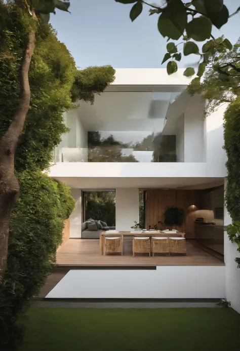 casa minimalista, 2 pisos,  de color blanco y jardin con arboles