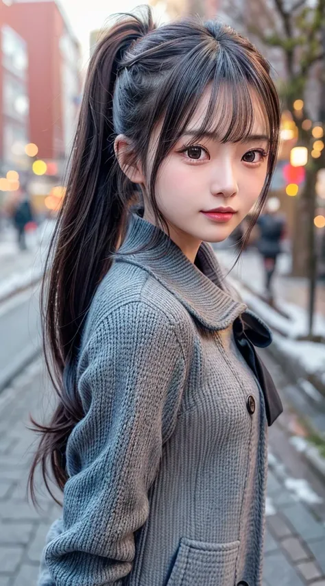 blushed,Long hair ponytail,big ribbon in her hair,(8k, RAW Photos, highest quality, Tabletop:1.2), (Realistic, Photorealistic:1.4), (Highly detailed 8K wallpapers), Sharp focus, Depth of written boundary, movie lighting, Soft Light, Detailed beauty eyes,Sh...