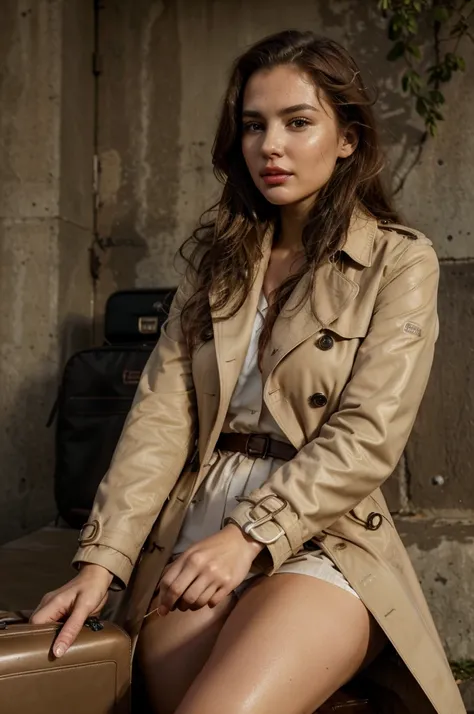 (absurdres, highres, ultra detailed), ((best quality)), ((masterpiece)), (detailed), perfect face,blond woman in a trench coat sitting on a suitcase in a field, woman is in a trenchcoat, trench coat with many pockets, wearing trenchcoat, wearing a trenchco...