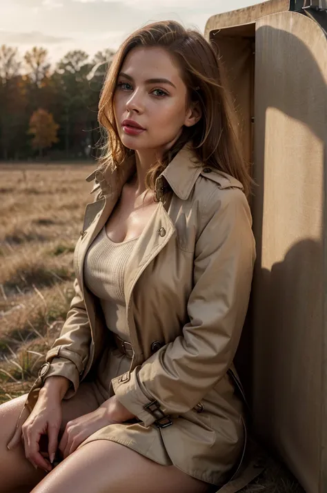 (absurdres, highres, ultra detailed), ((best quality)), ((masterpiece)), (detailed), perfect face,blond woman in a trench coat sitting on a suitcase in a field, woman is in a trenchcoat, trench coat with many pockets, wearing trenchcoat, wearing a trenchco...