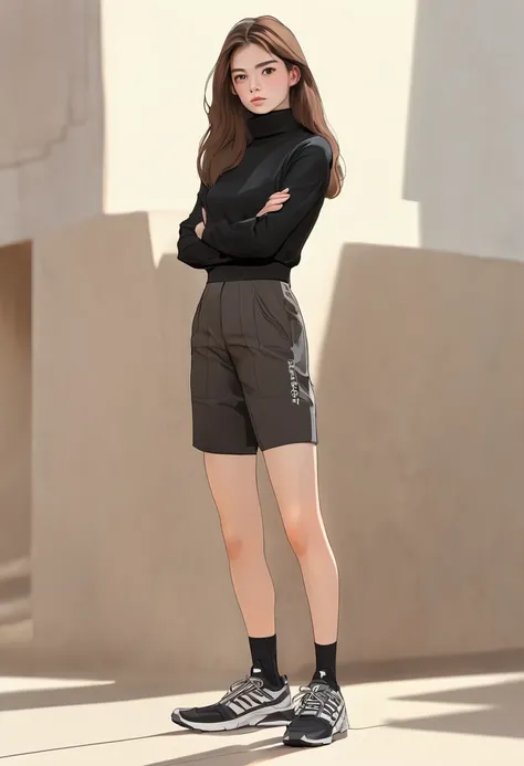 Girl, long brown hair, arms crossed, black cropped turtleneck,black shorts, barefoot, standing, serious face full body