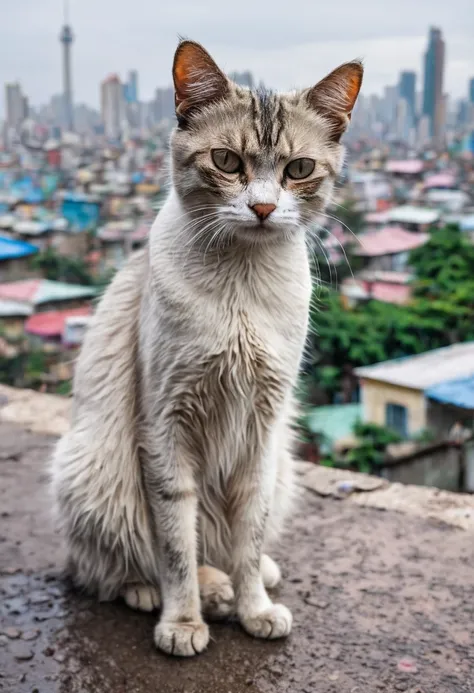 a mushy cat, with a sickly face, the background is the city, the street she walks on is dirty and, she is so skinny that she is also a pillar.