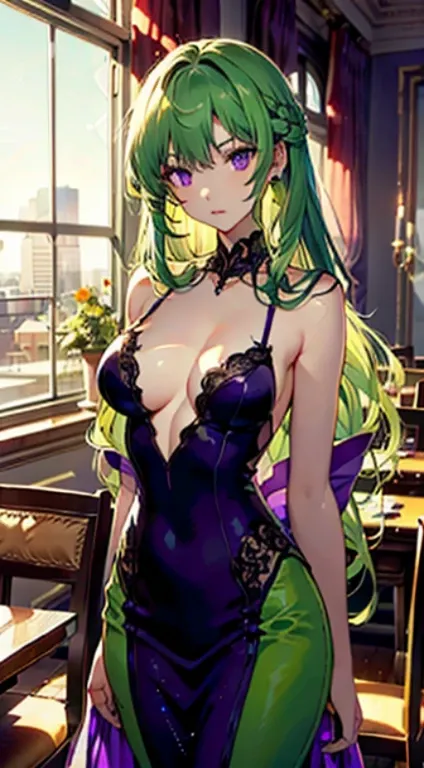 (1girl, light green hair long hair dreadlocks, purple eyes, cateyes, serious) (digital) (in detailed dining room, (evening gown, plunging neckline)) , best quality, stlouis,