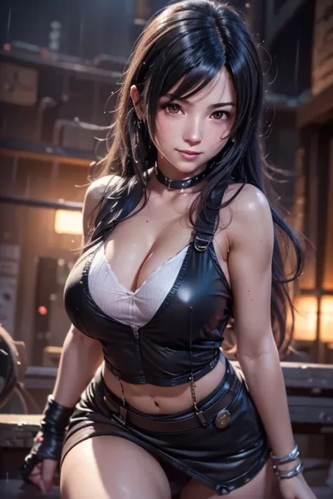 Detailed portrait of Tifa Lockhart, full of life and energy. Her pose is dynamic and interesting, and her expression is engaging. The lighting is soft and flattering, and the background is detailed and immersive. This is a picture that draws you in and mak...