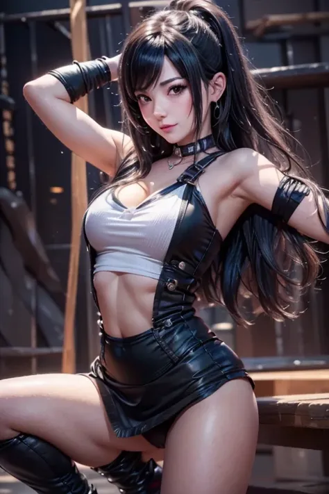 Detailed portrait of Tifa Lockhart, full of life and energy. Her pose is dynamic and interesting, and her expression is engaging. The lighting is soft and flattering, and the background is detailed and immersive. This is a picture that draws you in and mak...