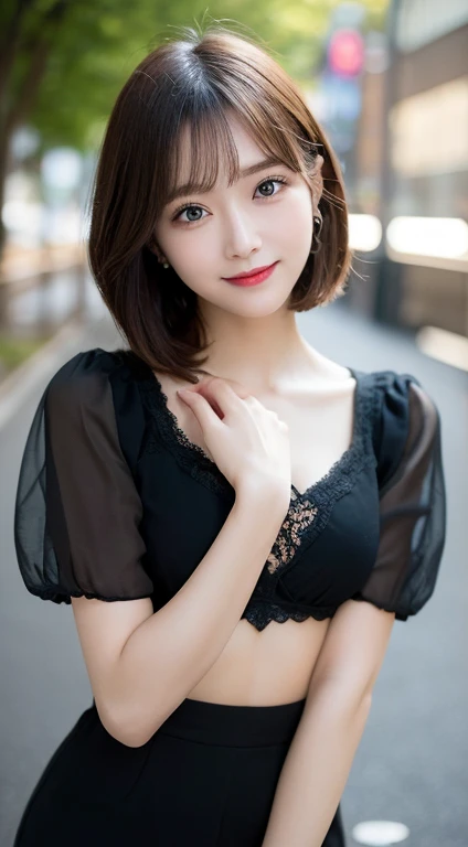 Tabletop, highest quality, figure, Very detailed, In detail, High resolution, 8k wallpaper, Perfect dynamic composition, Beautiful fine details, Women&#39;s Fashion Summer,Short Bob Hair,Center of chest, Natural color lip, bold sexy pose,smile,Harajuku、20-...