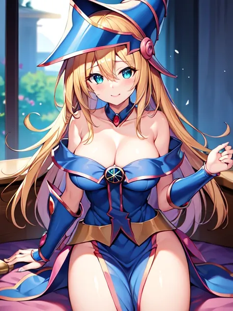 master piece,best quality,ultra detailed,8k,
ambient light,realistic skin,glossy skin,break、
（dark magician girl, duel monster, blush stickers, blonde hair, green eyes, long hair, breasts, blush, bangs, large breasts, hair between eyes, pentacle, pentagram...