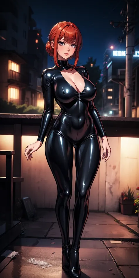 1 girl, sfw, Makima, clavicle, absurd,Combatant,  (huge breasts 1.8), ((black latex tight bodysuit)) , whole body shape, ((stand up)),(highest quality、4k、8k、High resolution、must have:1.2)、Super detailed、ticker、hyper hd、studio lighting、ultra definition pain...