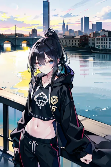 very good image, a cute beautiful girl, tomboy girl, long black hair, ponytail, hair between eyes, white crop top hoodie, black training pants, city(hd view), 8k, high res, best quality, pretty