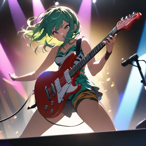 (best quality,highres:1.2),detailed,(lum),inside the school,on the stage,wearing ,playing electric guitar,portraits,vivid colors,stage lighting,energetic atmosphere,guitar solo