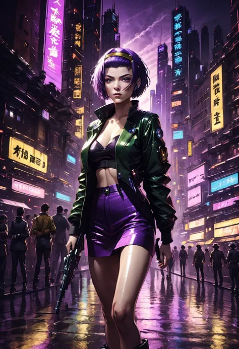 1girl, Faye Valentine, Cowboy Bebop, bob cut, solo, big breasts, green eyes, purple hair, hairband, cbbebop, cbbebop spaceship, (best quality, realistic), futuristic cityscape, neon lights, bounty hunter, space western, intense action, femme fatale, dynami...