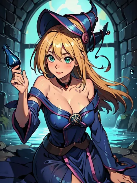 master piece,best quality,ultra detailed,8k,
ambient light,realistic skin,glossy skin,break、
（dark magician girl, duel monster, blush stickers, blonde hair, green eyes, long hair, breasts, blush, bangs, large breasts, hair between eyes, pentacle, pentagram...