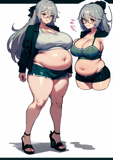 (masterpiece, best quality, highly detailed), 1girls, big belly, huge belly, art by kipteitei, round belly, chubby, curvy, belly grab, enormous belly, fat belly, thicc, bigger belly, really big belly, jiggly belly, glasses, unzipped jacket, (no shirt), bra...