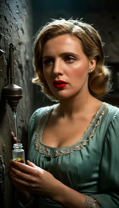 period piece masterpiece, Describe Eva holding a small vial of cyanide, her hand trembling as she brings it to her lips, Create a somber atmosphere in the bunker, with Eva Braun standing alone in a corner, background cinematic, hyper realistic, ultra detai...