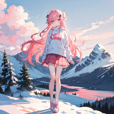 Coral pink hair，Long hair，hair over one eye，Gray eyes，feather hair ornament，cute，Girl，laughing expression，White sweatshirt，Plaid skirt，Wear shoes on your feet，Standing on the snowy mountain，Side body，Dont show your arms，Snowy mountains in the background