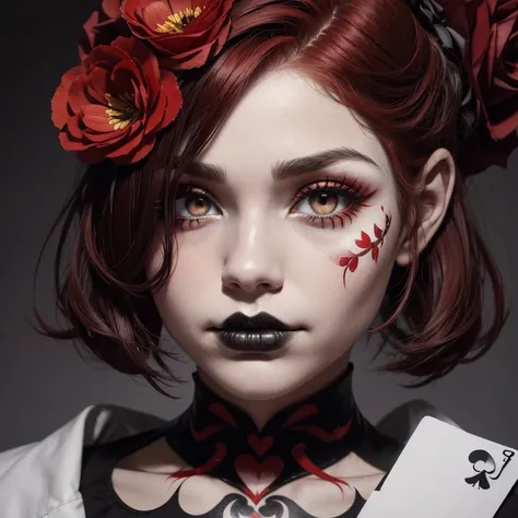 a woman with a red flower in her hair, by reyna rochin, tumblr, skull face paint, beautifull lovely eyes, trick or treat, eyes. dark colors, cute bandaid on nose!!, white  face, red hair, great pinterest photo, description, big head, couster, heard on her ...