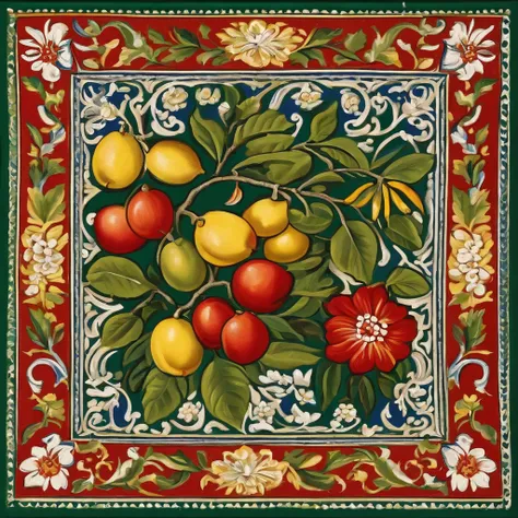 Colombia 1900, complete square of colombian coffee design (without margins, without perspective) of an old cement tile, painted with motifs from the Colombian coffee culture (flowers, red coffee fruits, branches, leaves), in traditional colors (yellow, red...