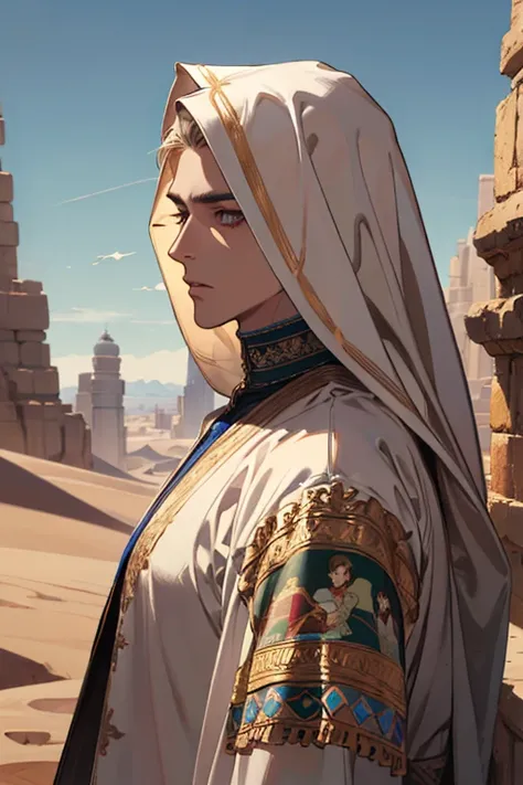 (absurdres, highres, ultra detailed), 1 male, adult, handsome, tall muscular guy, broad shoulders, finely detailed eyes and detailed face, the fool tarot, desert, camel, middle eastern clothes, Symbolism, Visual art, Occult, Universal, Vision casting, Phil...