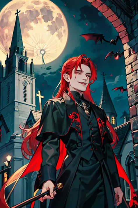 This is what a real vampire looks like! Roupas antigas de vampiro, elegante, cavalheiresco. He is smiling friendly, your red hair is vivid, seus olhos vermelhos brilham contra sua pele perfeita. Ao fundo, uma janela roxa da igreja, with the moonlight refle...