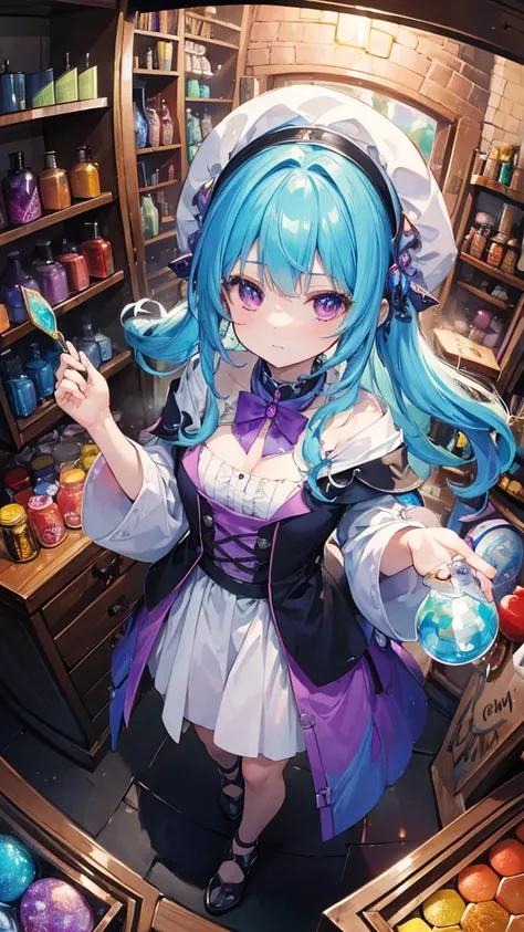 (masterpiece, best quality), (colorful:1.4), from above, solo, 1girl standing in a mystical potion shop with lots of enchanted vials on the counters and a bag of magical ingredients, depth of field, fisheye lens