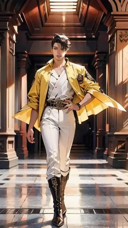 Set against the backdrop of an ancient fantasy-reality setting, um jovem com um corte militar platinado exibe um olhar penetrante e um comportamento confiante. Adorned in a two-piece fusion outfit, seamlessly blending western and eastern influences, He wea...