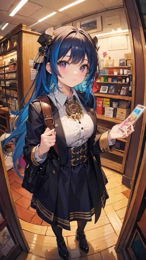 (masterpiece, best quality), (colorful:1.4), from above, solo, 1girl standing in a steampunk gadget emporium with intricate contraptions on the shelves and a bag of clockwork wonders, depth of field, fisheye lens