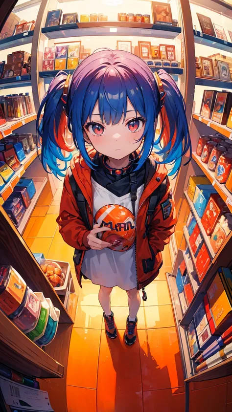 (masterpiece, best quality), (colorful:1.4), from above, solo, 1girl standing in a Martian souvenir shop with red rocks on the shelves and a bag of Mars-themed merchandise, depth of field, fisheye lens