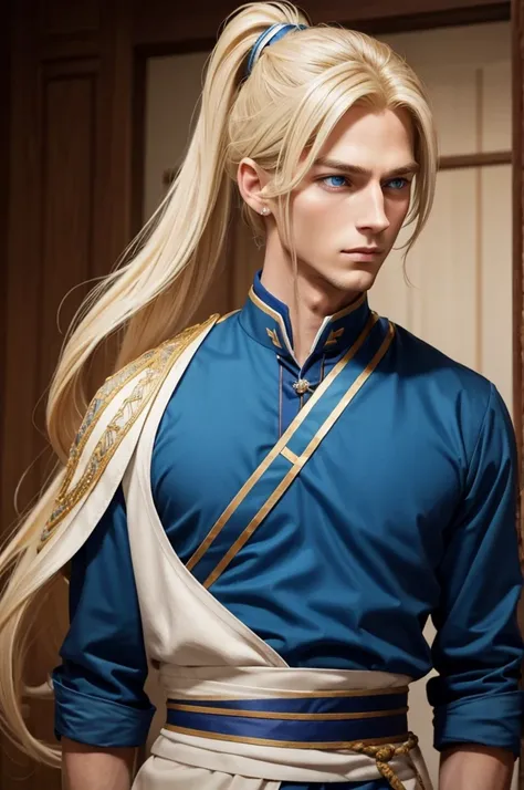 Blonde　Medium length hair in a ponytail　Blue Eyes　Handsome　２５age　tall　Prince　live-action　