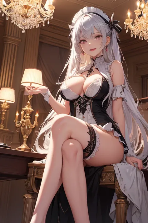 ((masterpiece)),(best quality), ((extremely detailed CG unity 4k wallpaper)),(cinematic lighting), (an extremely delicate and beautiful evil girl:1.3),face, fixed eye, hand fixed (++silver hair++), pink eyes, long hair, jewelry,earrings, :d, maid, labrynth...